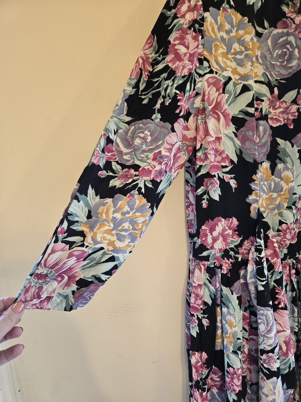 Black Floral Midi Dress with Pink & Cream Blossoms - Picture 5 of 9